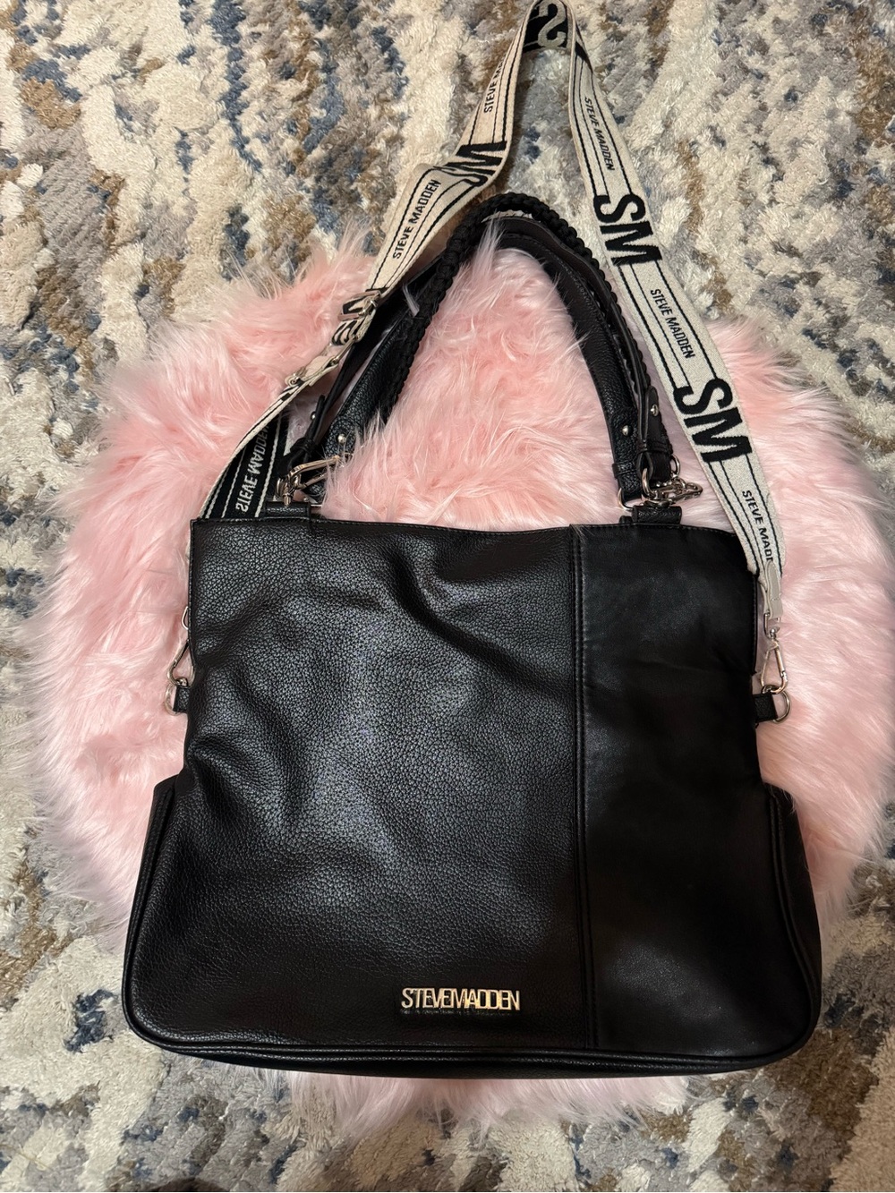 Steve Madden Black Leather Shoulder Tote with Logo Strap